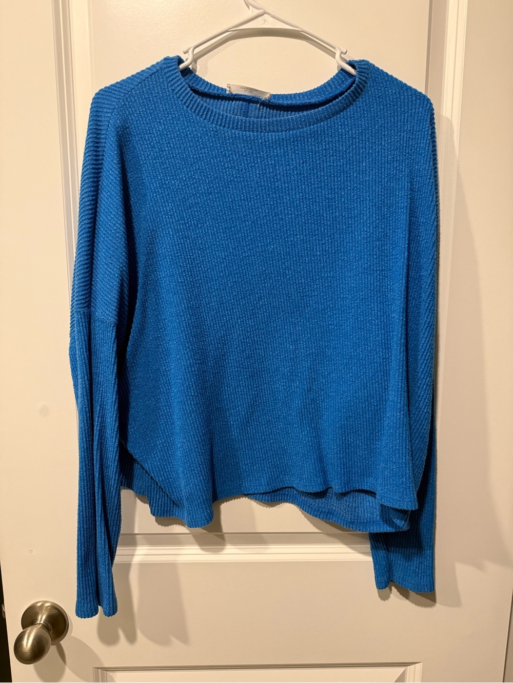 Blue Ribbed Free People Style Crewneck Sweater Top